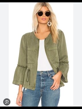 Sanctuary Olive Green Utility Military Frill Peplum Jacket with Bell Sleeves M
